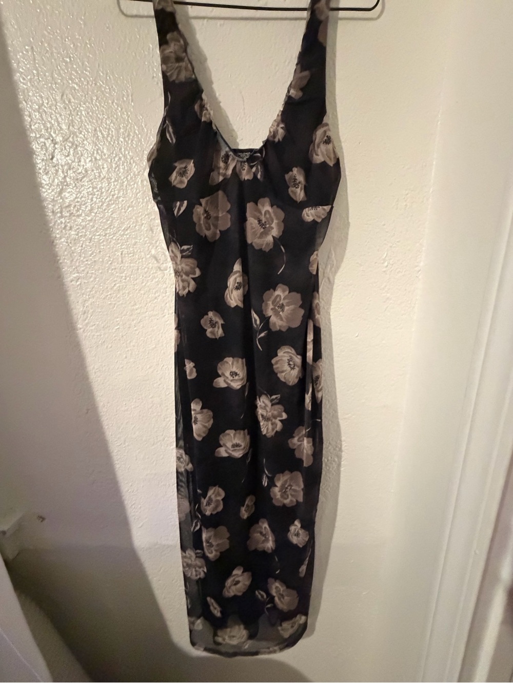 Derek Heart Black Midi Slip Dress with Beige Floral Print